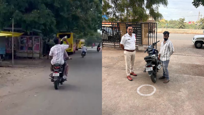 Ballari Traffic Police arrests young man for drinking beer on bike
