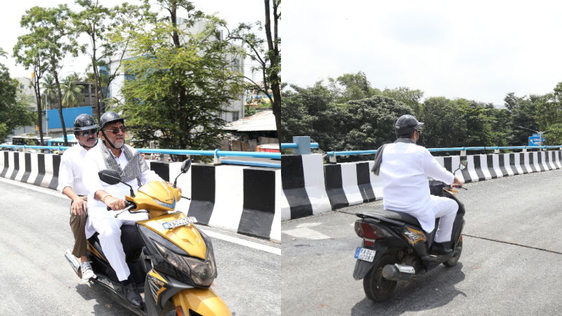 DK Shivakumar Scooter Ride On Hebbal Flyover