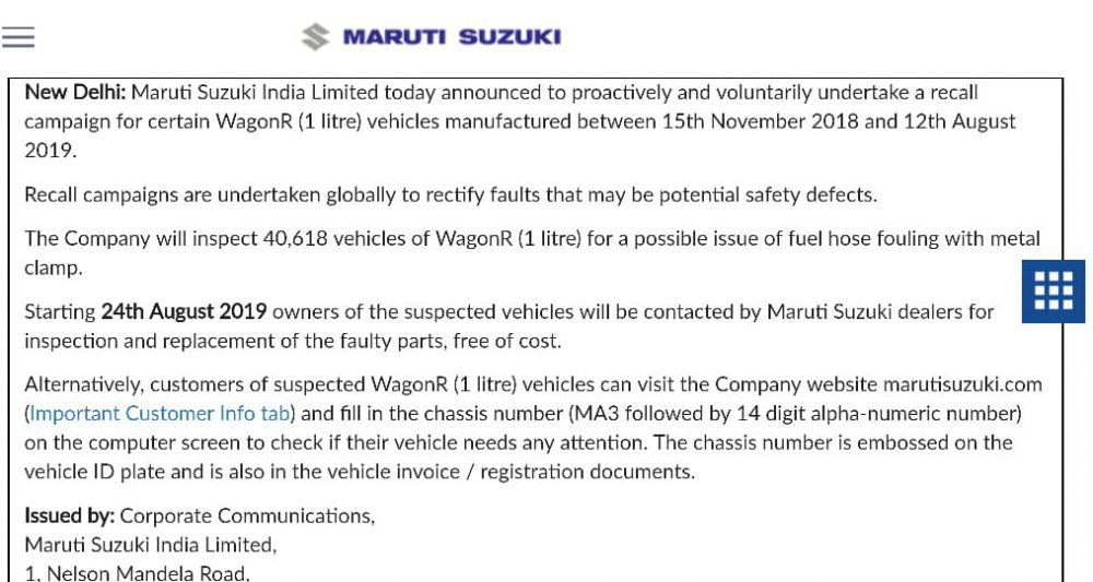 maruti suzuki Wagon R Recall 1