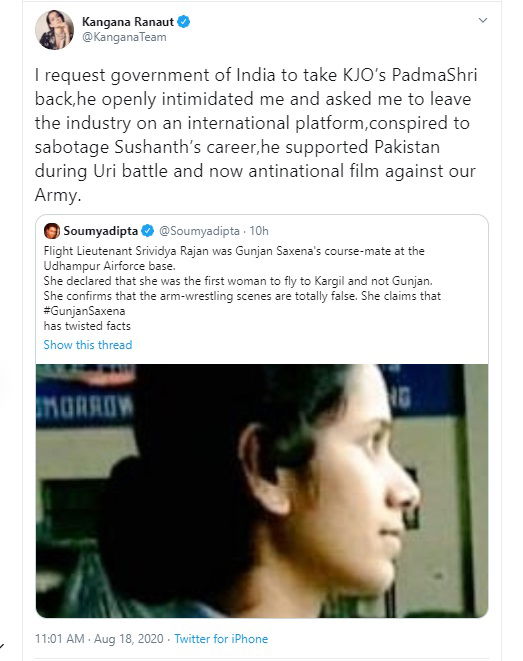 kangana ranaut and karan johar tweet