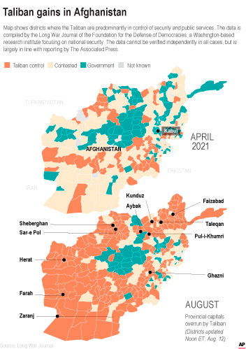 Map shows areas controlled by Taliban. AP