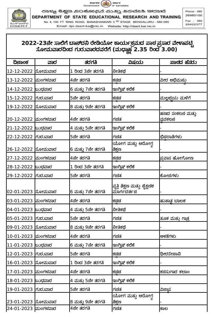 akashavani radio time table student school