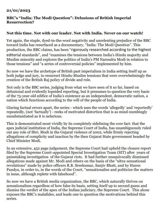 Govt blocks access to BBC documentary on 2002 Gujarat riots 302 eminent citizens write open letter 2