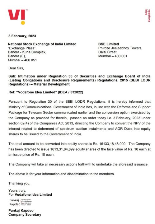 Govt asks Vodafone Idea to convert interest dues into equity worth Rs 16133 cr at Rs 10 per share