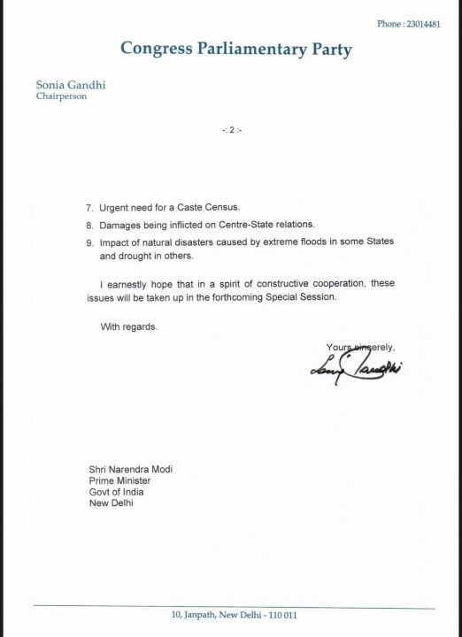 sonia gandhi letter