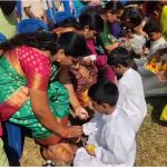 Children worship their mothers feet a unique way to celebrate the New Year 2025 Nelamangala School 2