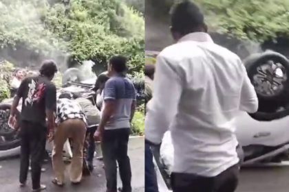 Car overturns in Agumbe Ghat Locals rescue mother and child