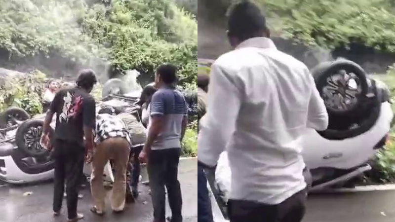 Car overturns in Agumbe Ghat Locals rescue mother and child