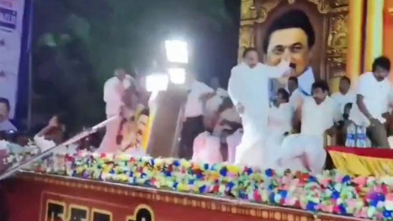 DMK MP A Raja narrowly escapes injury as stage lights collapse during public meeting in Mayiladuthurai Tamil Nadu