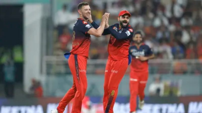 Virat Kohli joins in the celebration as Josh Hazlewood
