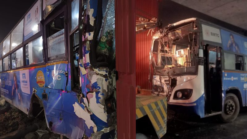 BMTC bus hits metro pillar more than 10 injured in Bengaluru