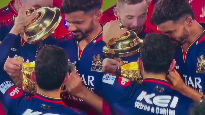 RCB vs PBKS IPL Final Virat Kohli checking whats inside the trophy
