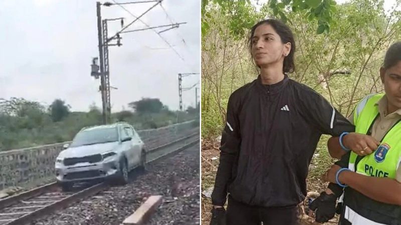 Woman Drives Car On Railway Tracks In Telangana