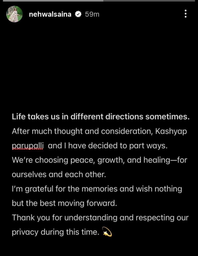 Badminton Player Saina Nehwal announces separation from husband Parupalli Kashyap