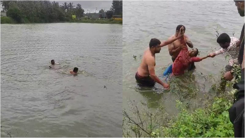 People rescued a woman who had jumped into a lake Chikkamgaluru