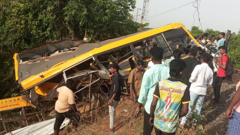 School Bus Hit by Train Crossing Gate in Cuddalore Tamil Nadu