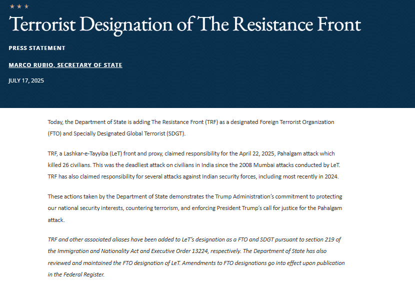 USA designates LeT offshoot TRF behind the Pahalgam attack as terrorist organisation Setback for Pakistan