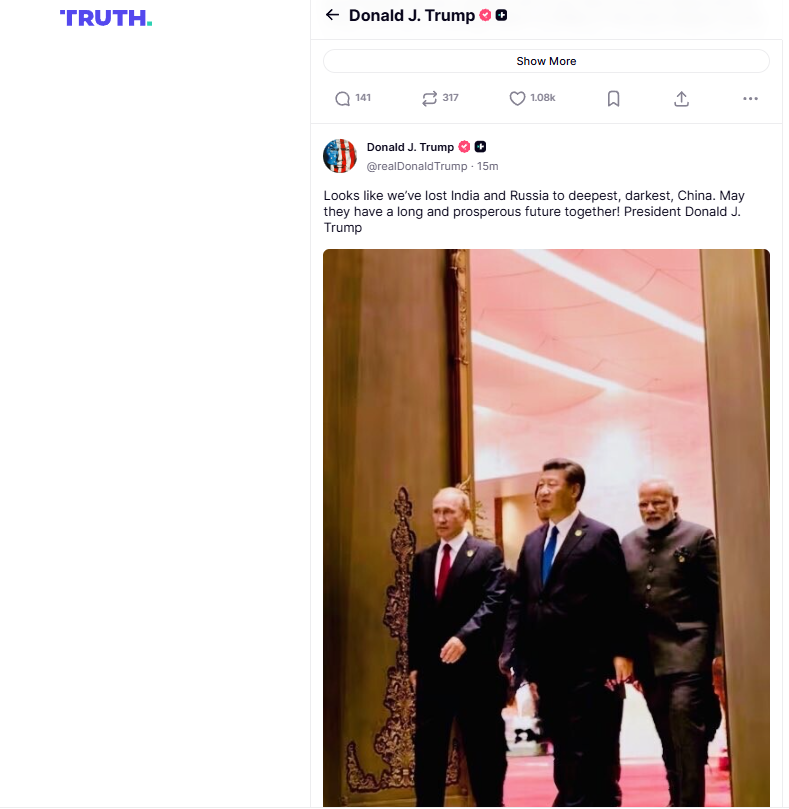 Weve lost India Russia to China Trump shares pic of PM Putin Xi together