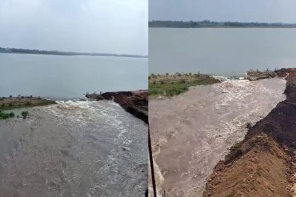 Ballari Malavi reservoirs earthen wall breaks causing water loss Farmers Outrage against officials 2