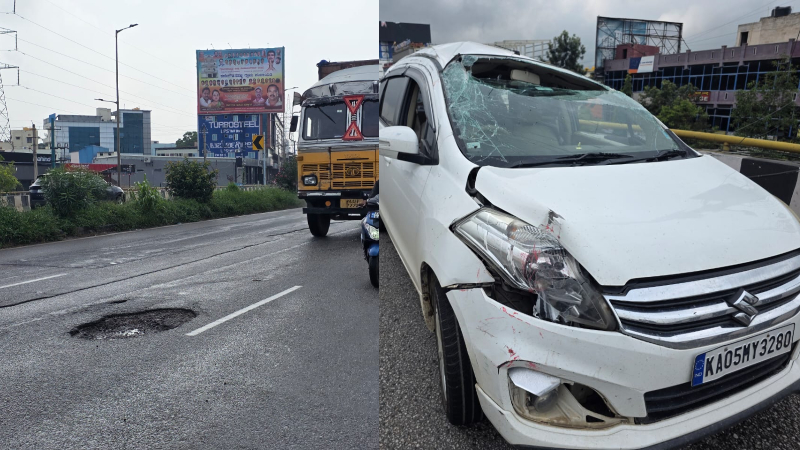Car overturns while trying to avoid pothole on Kunigal flyover