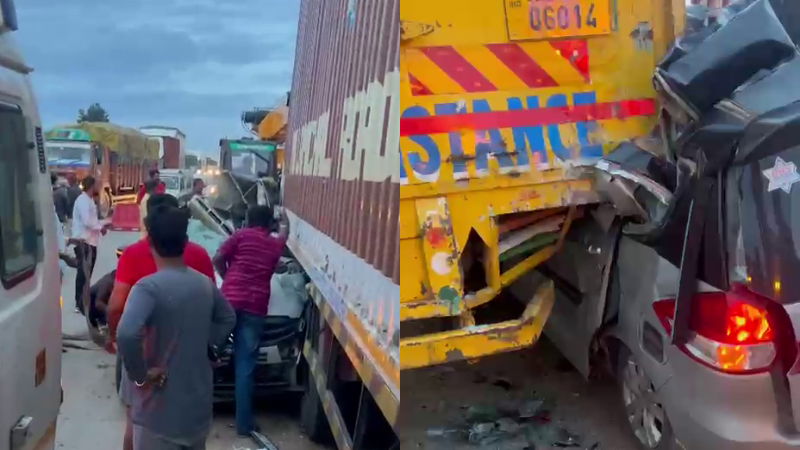 ನೆಲಮಂಗಲ ಹೈವೇಯಲ್ಲಿ ಲಾರಿ, ಕಾರು ಮಧ್ಯೆ ಭೀಕರ ಅಪಘಾತ - ಇಬ್ಬರು ಬಲಿ 2 Two killed in horrific accident between lorry and car on Nelamangala Highway