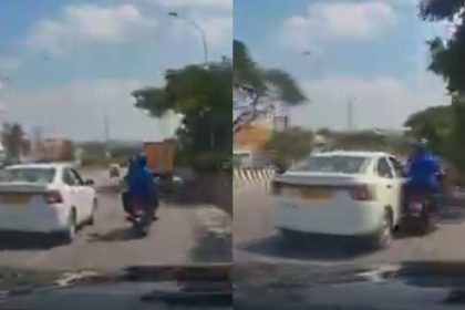 ಬೆಂಗಳೂರು | ಸೈಡ್ ಕೊಡದಿದ್ದಕ್ಕೆ ಕಿರಿಕ್, ಬೈಕ್ಗೆ ಕ್ಯಾಬ್ ಗುದ್ದಿಸಿ ದುಂಡಾವರ್ತನೆ - ಕ್ಯಾಮೆರಾದಲ್ಲಿ ಸೆರೆ 10 Cab driver attacks biker in Kr Pura Bengaluru video captured