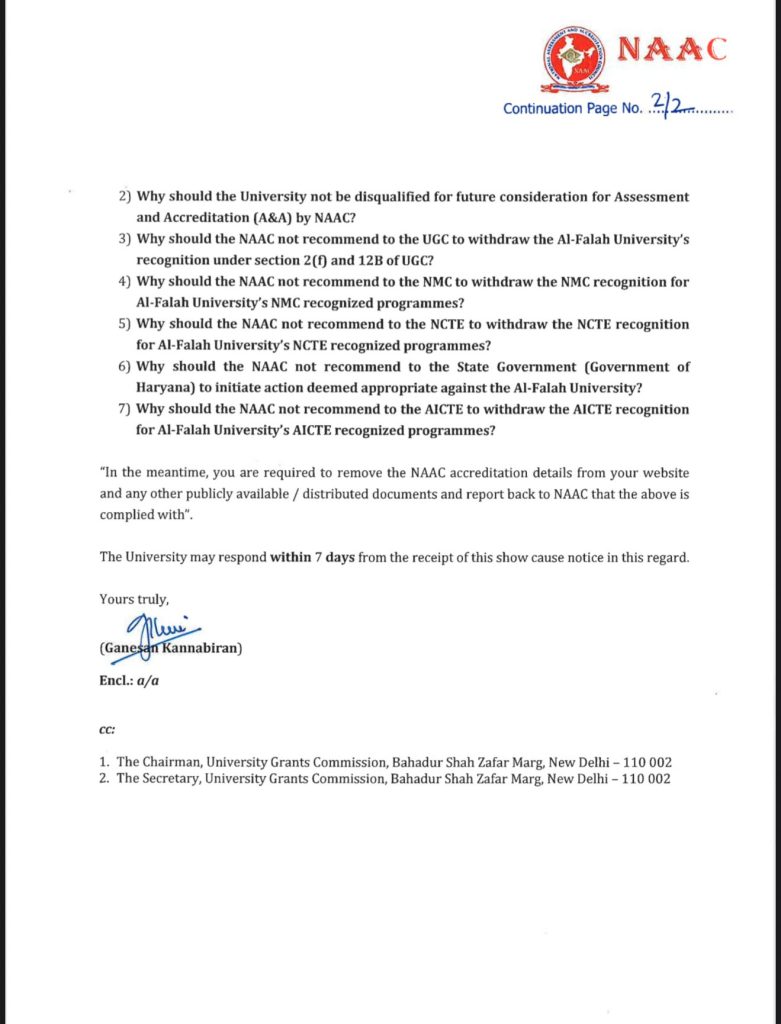 NAAC issues show cause notice to Al Falah University for displaying expired accreditation 1