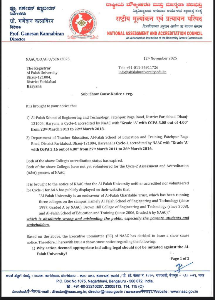 NAAC issues show cause notice to Al Falah University for displaying expired accreditation 2